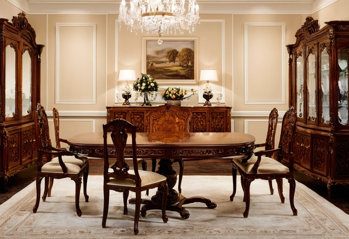 Classic furniture stand at a trade fair with carved dining chairs and a walnut table