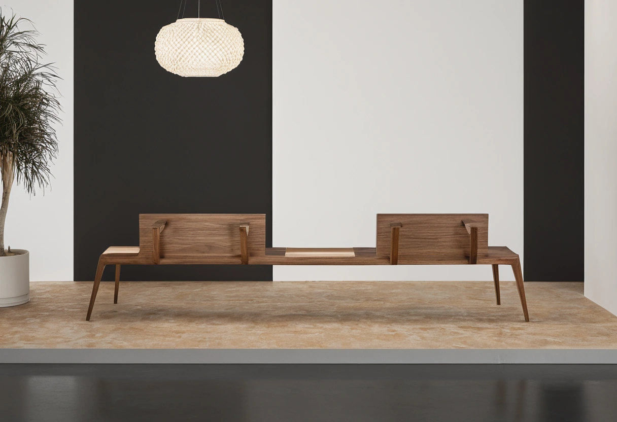 Young designers workbench display with chair prototypes at a fair